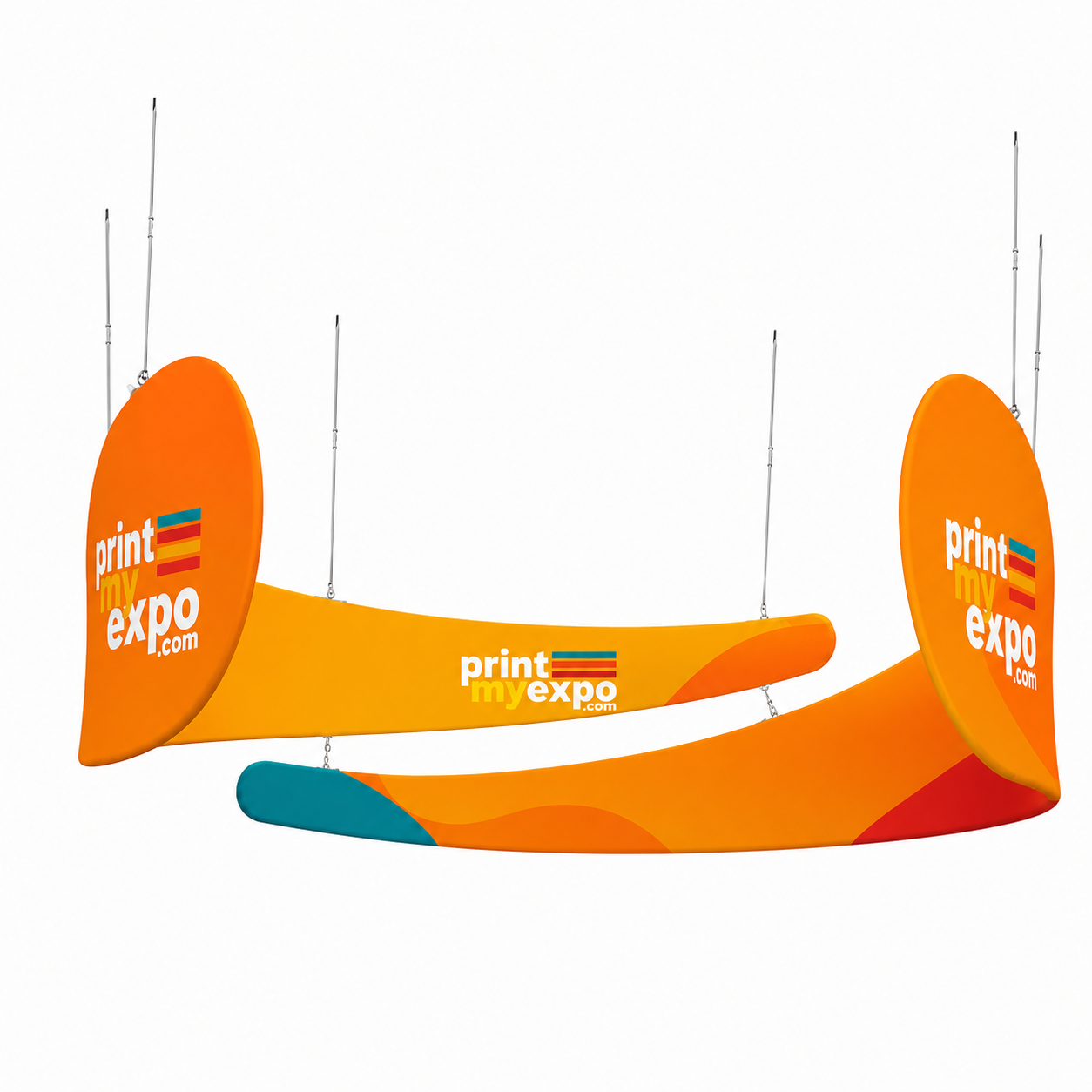 Swirl Hanging Sign with custom fabric graphics for high-impact overhead branding at trade shows and exhibitions