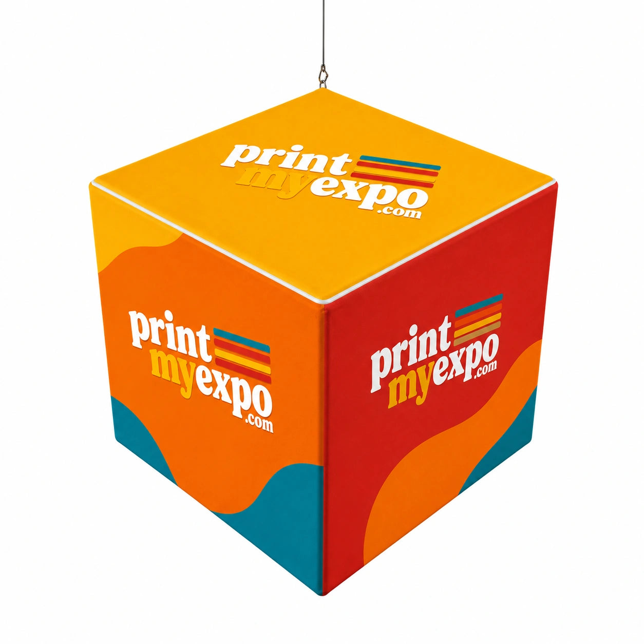 Cube Hanging Sign with custom graphics for multi-sided overhead branding at trade shows and exhibitions