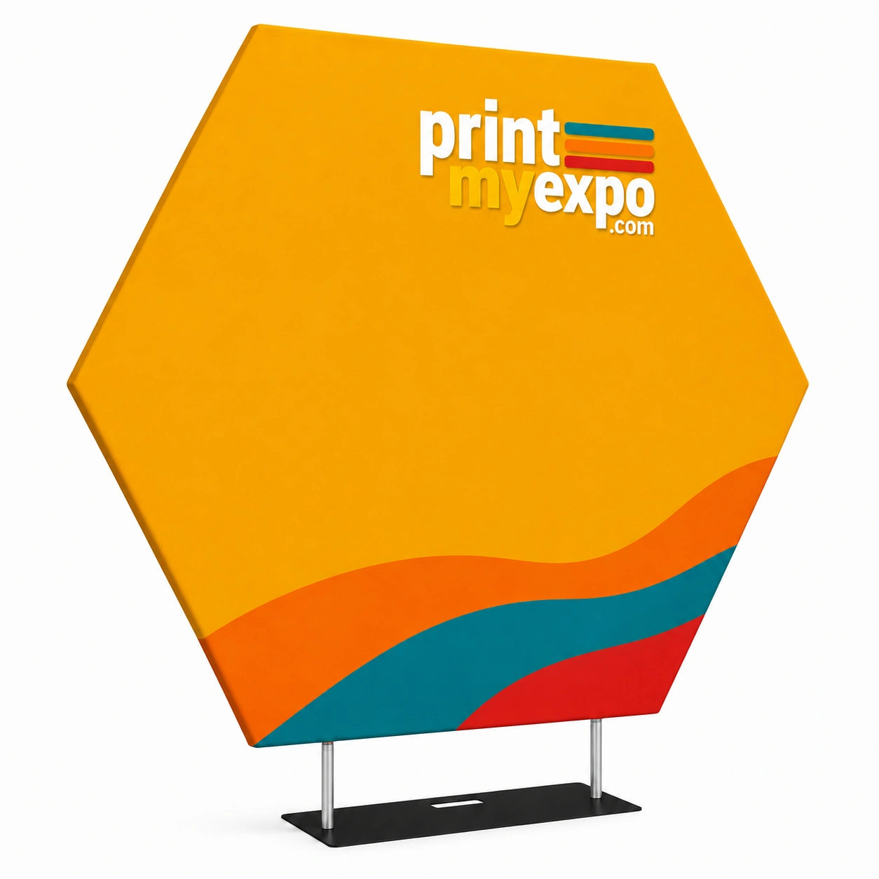 PrintMyExpo Hexagon Shape Backdrop with custom graphics for trade shows, weddings, launches, photos, and branded events