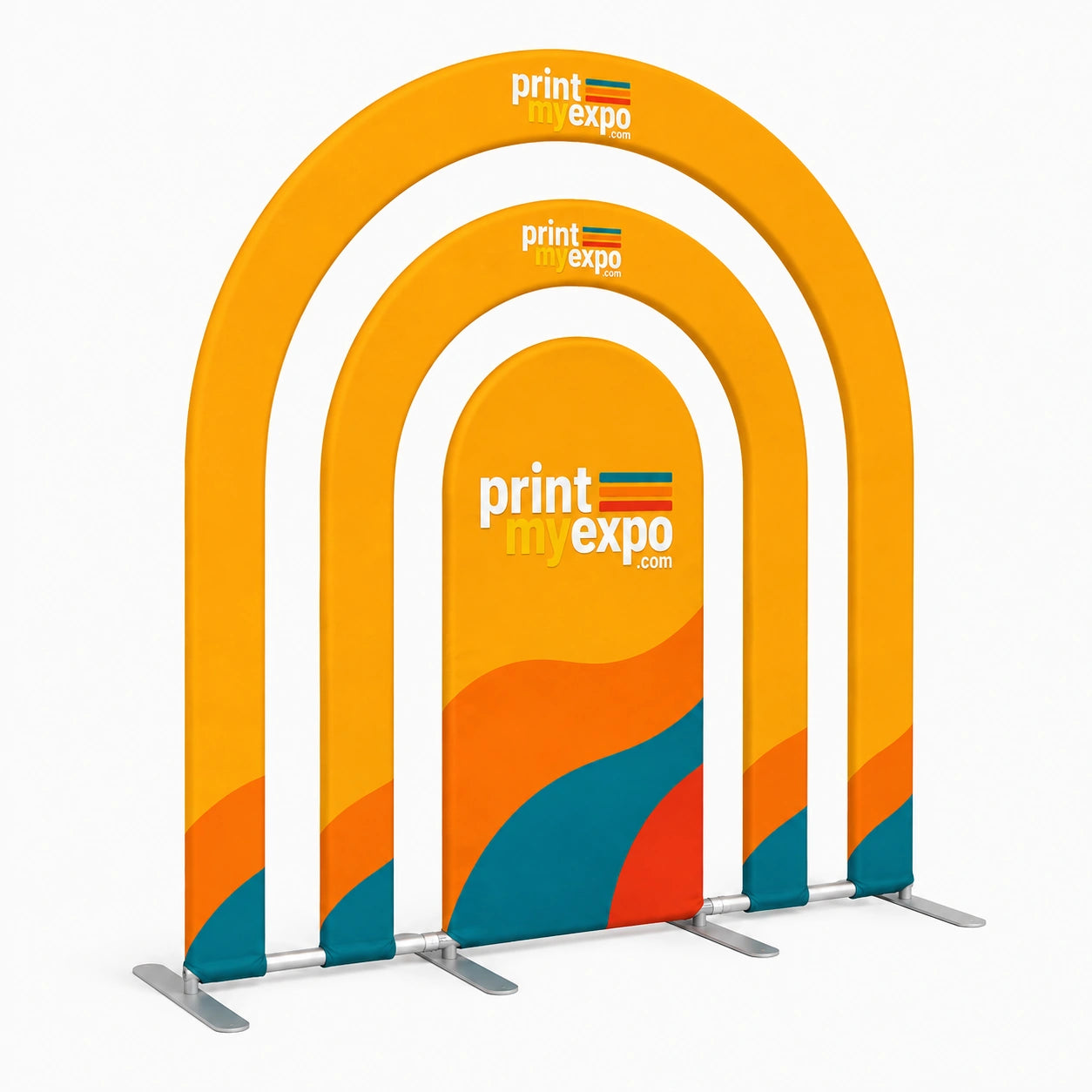 PrintMyExpo Rainbow Multi-Tier Arch Backdrop with custom graphics for weddings, celebrations, photos, and branded events