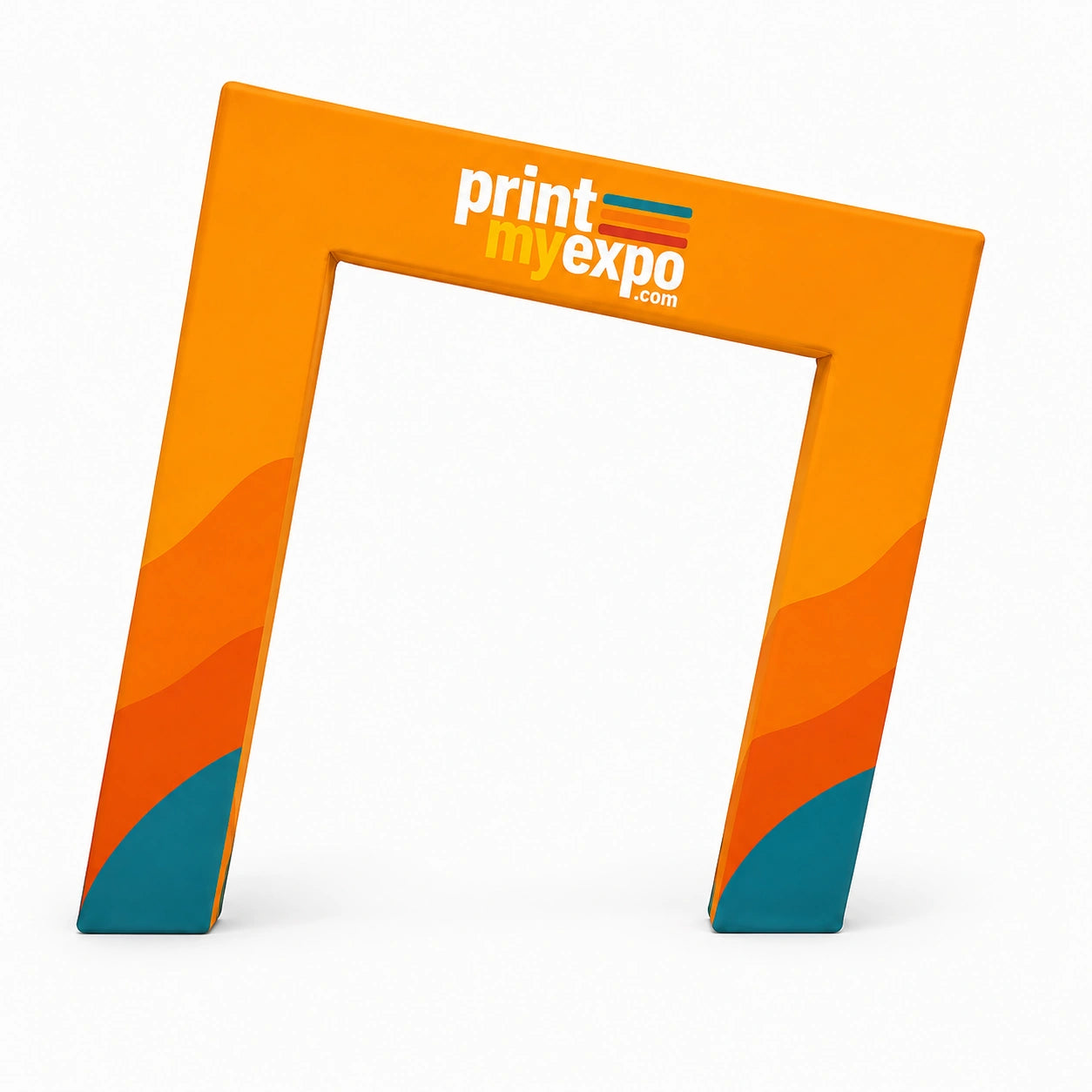 PrintMyExpo 3D Slanted Arch Wall with custom graphics for weddings, stages, photo areas, and branded events.