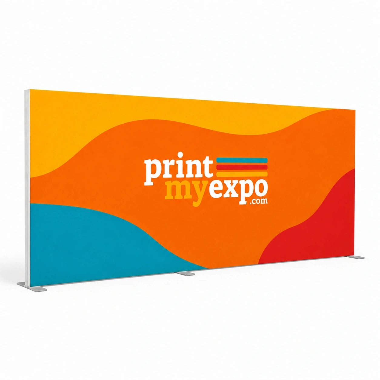 13ft SEG lightbox display with premium backlit silicone edge graphics, vibrant PrintMyExpo branding, and lightweight aluminum frame for trade shows and exhibition booths.