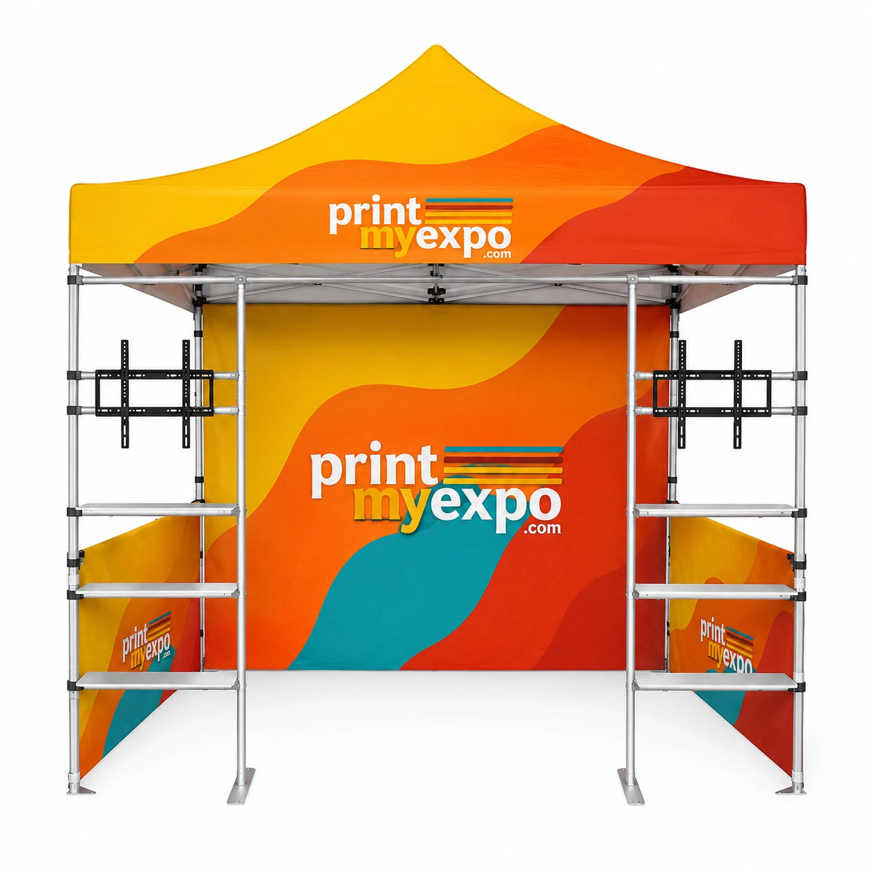 Custom branded pop up canopy tent display with PrintMyExpo graphics, printed backdrop, side panels, shelving, and TV mounts for trade shows and outdoor events