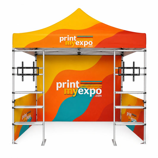 Custom branded pop up canopy tent display with PrintMyExpo graphics, printed backdrop, side panels, shelving, and TV mounts for trade shows and outdoor events