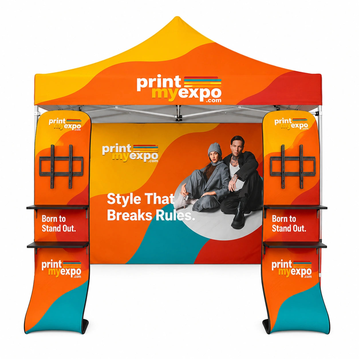 Custom promotional canopy booth with PrintMyExpo branding, printed backdrop, fabric display counters, TV mounts, and full color graphics for trade shows, exhibitions, and outdoor events