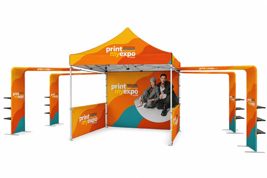 Custom modular canopy booth with PrintMyExpo branding, promotional display arches, printed backdrop, side panels, and full color graphics for trade shows, exhibitions, and outdoor events