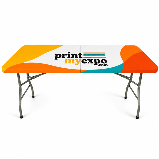 Square Stretch Table Topper with custom full-color branding for trade show displays