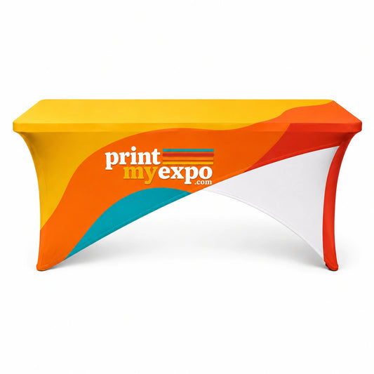 Custom Cross-over Stretch Table Cover with full-color branding for trade shows