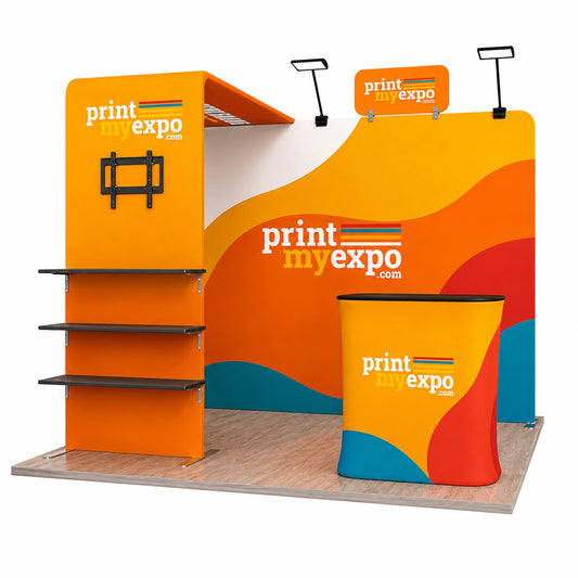 Custom 10x10 exhibition booth featuring PrintMyExpo graphics, shelving unit, and reception counter.