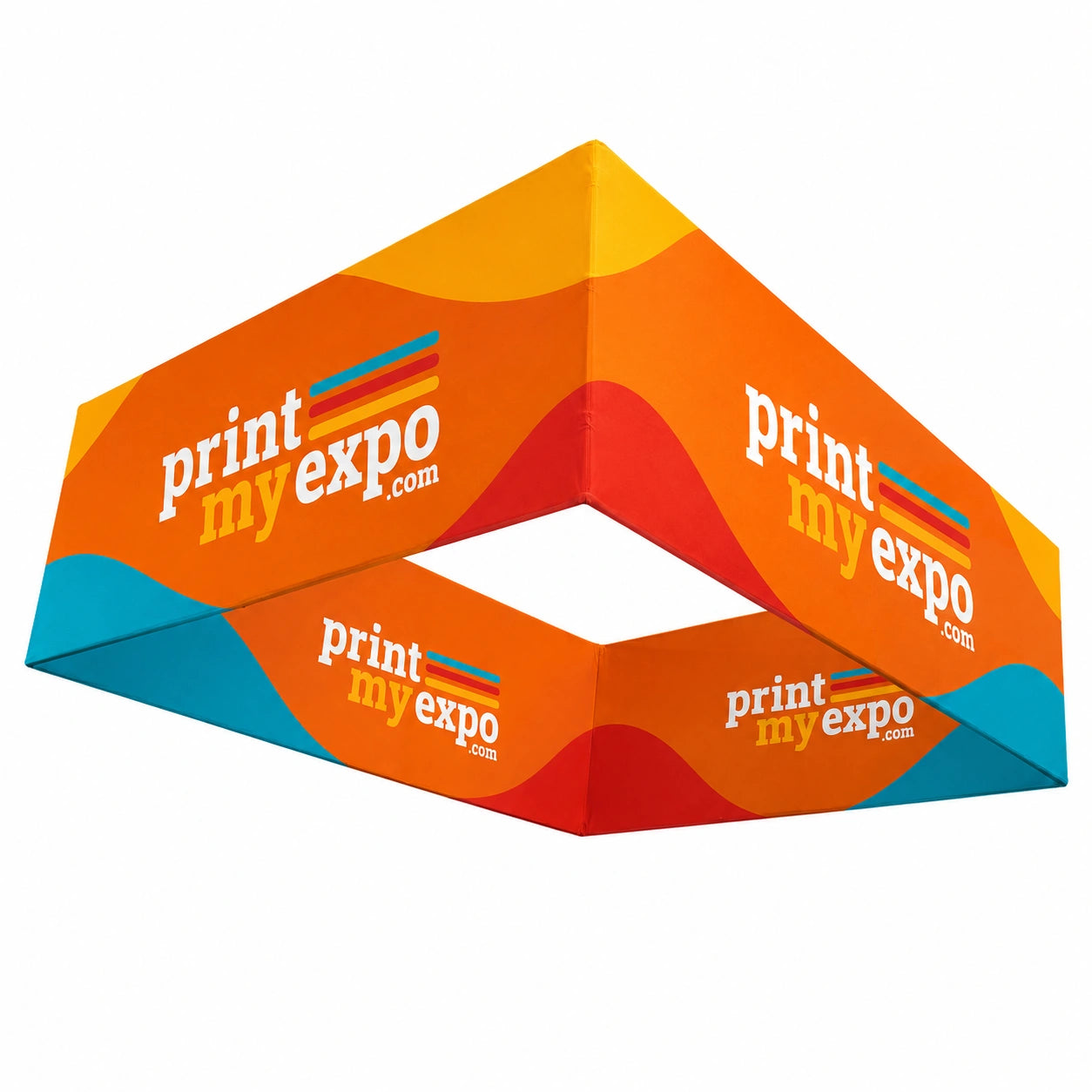 Rectangle hanging sign with vibrant PrintMyExpo branding for trade show displays