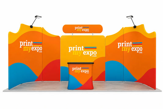 Premium 10x20 exhibition booth featuring PrintMyExpo branded graphics and reception counter.