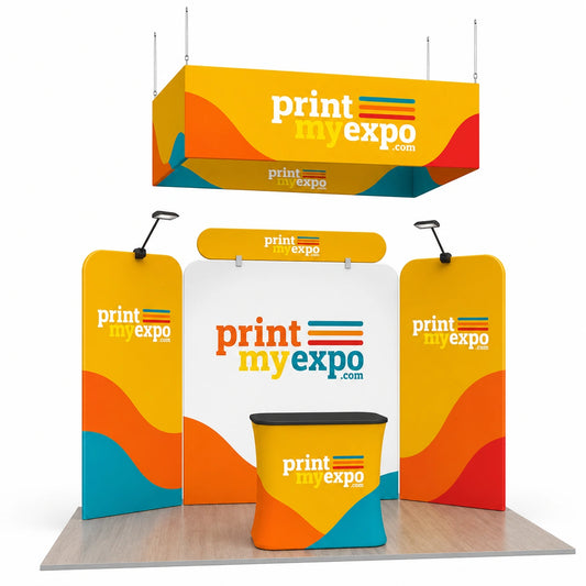 Custom 10x10ft Trade Show Booth Kit B2 featuring a premium fabric backdrop, hanging sign, side panels, and promotional counter for exhibitions.