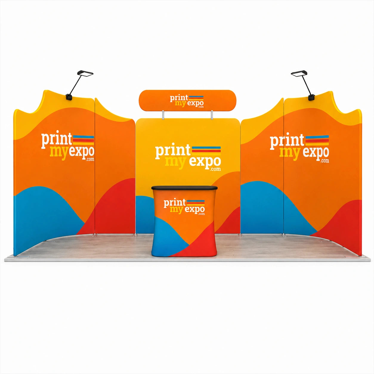 Premium 10x20 exhibition booth featuring PrintMyExpo branded graphics and reception counter.