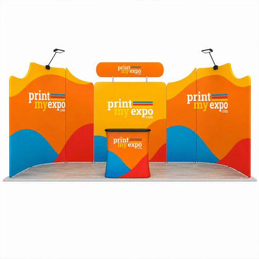 Premium 10x20 exhibition booth featuring PrintMyExpo branded graphics and reception counter.
