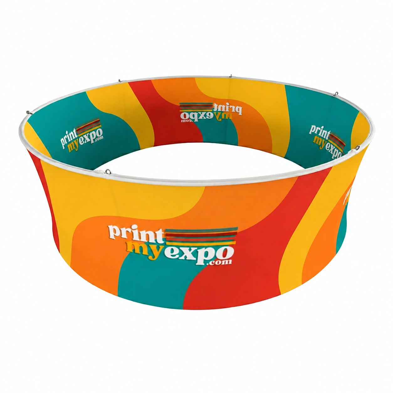 Overhead circular hanging banner for exhibition branding visibility