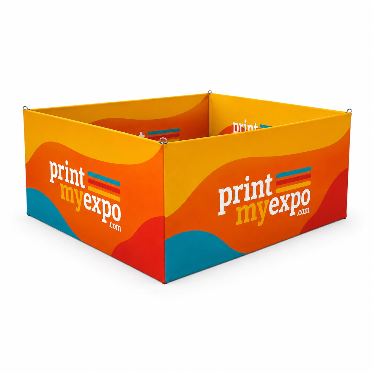 Square hanging sign with vibrant PrintMyExpo branding for trade show displays