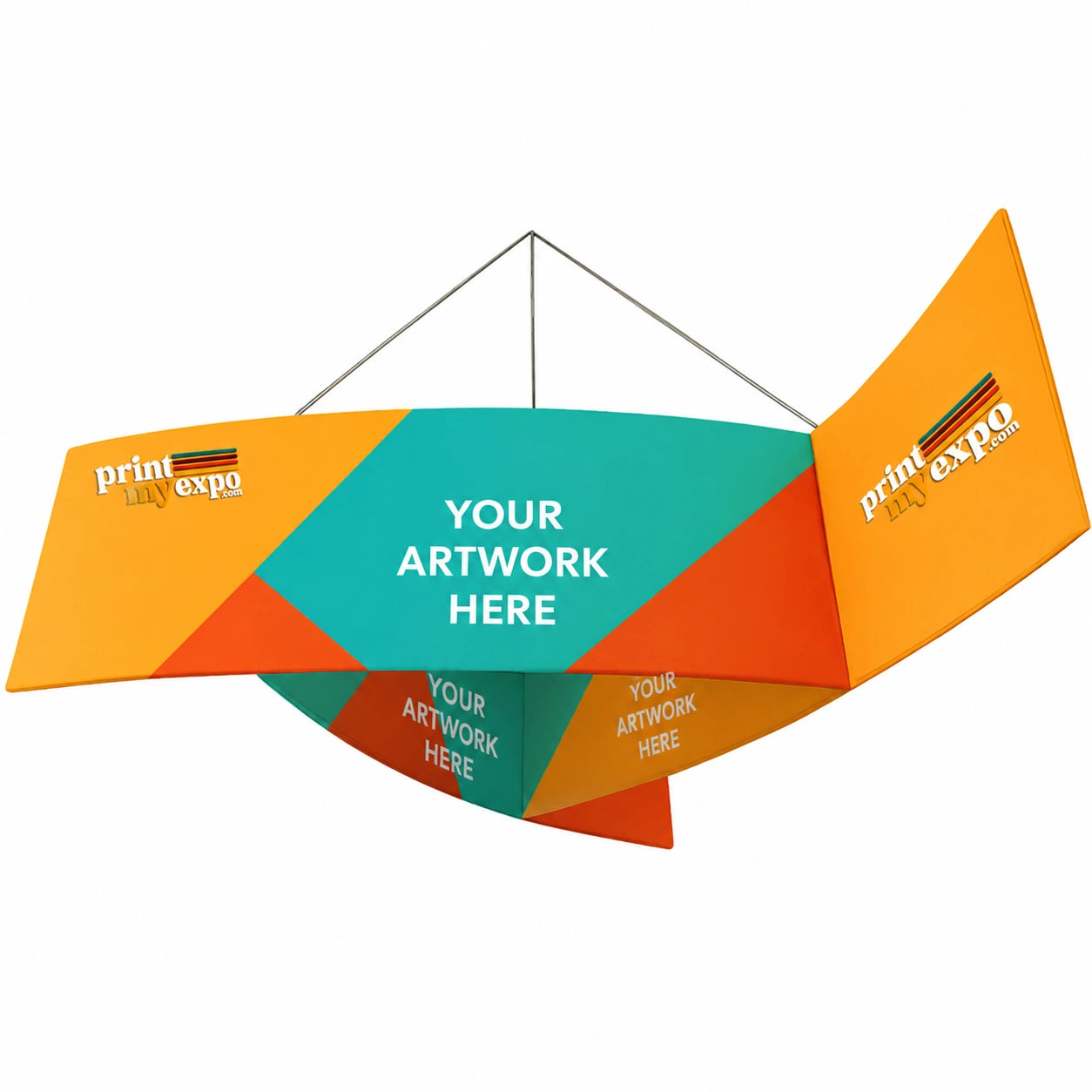 Three-sided pinwheel shaped hanging sign for trade show booths