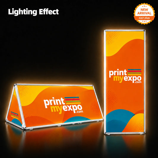 Custom Triangle Banner Stand with three-sided graphics for trade shows