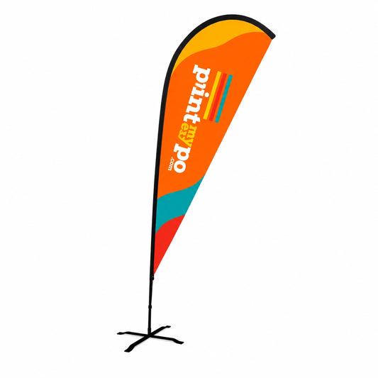 Custom Teardrop Flag with Uni-Fit Pole featuring vibrant full-color graphics for professional outdoor advertising and promotional business events.