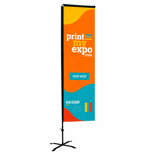 Custom Rectangle Flag with Uni-Fit Pole featuring a large printed display area for professional business advertising and promotional events.