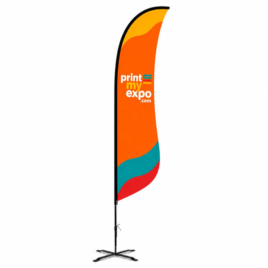 Custom Shark Fin Flag with Uni-Fit Pole featuring vibrant full-color printing for professional business branding and promotional events.