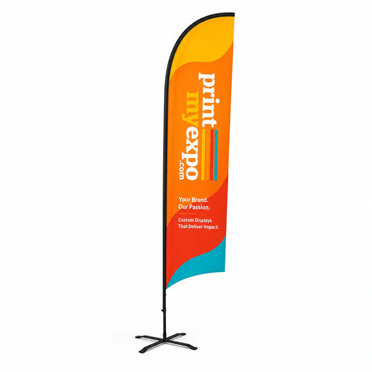 Custom Concave Flag with Uni-Fit Pole showcasing vibrant branded graphics for outdoor advertising and promotional business events.