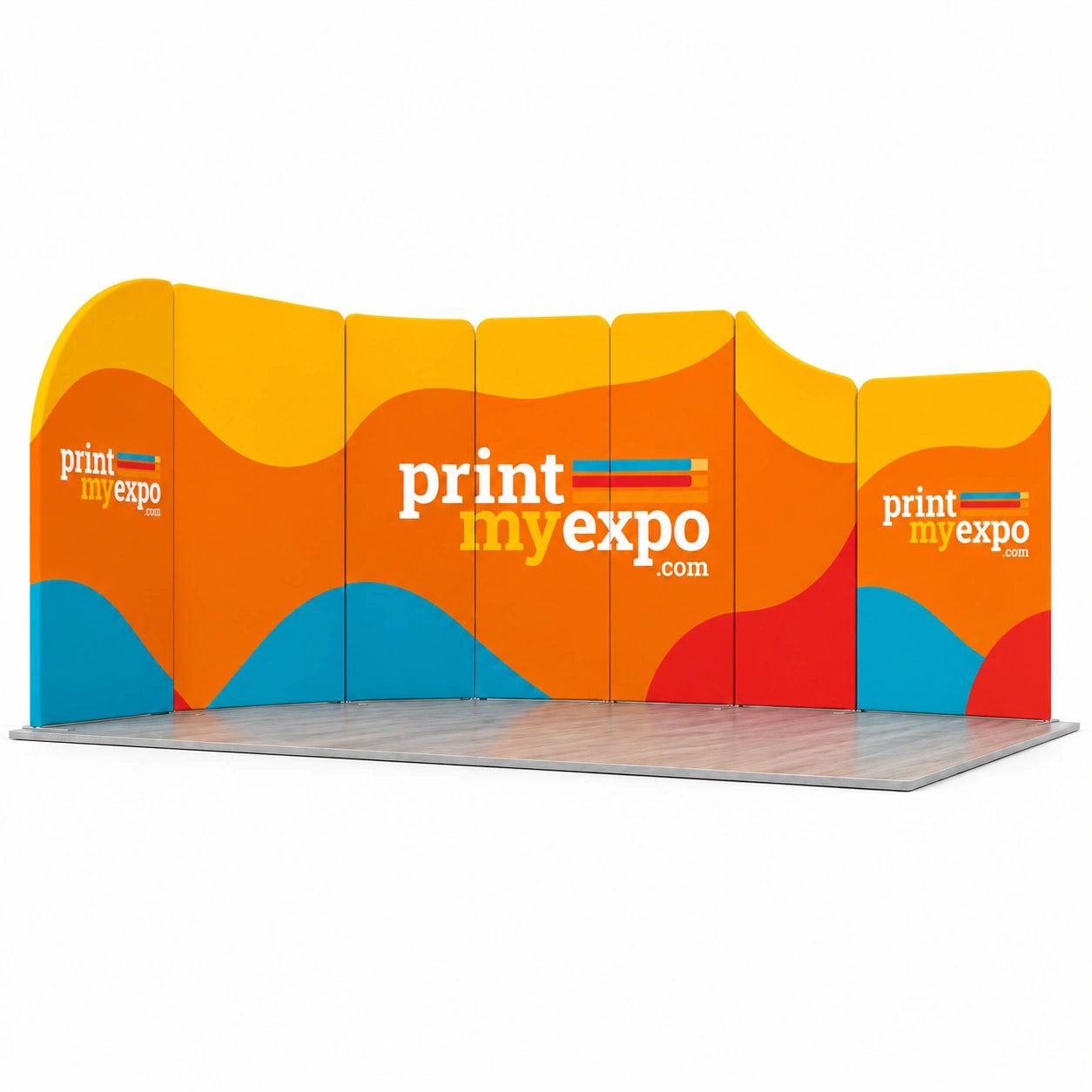 Custom modular trade show backdrop display with PrintMyExpo branded graphics and curved panel design.