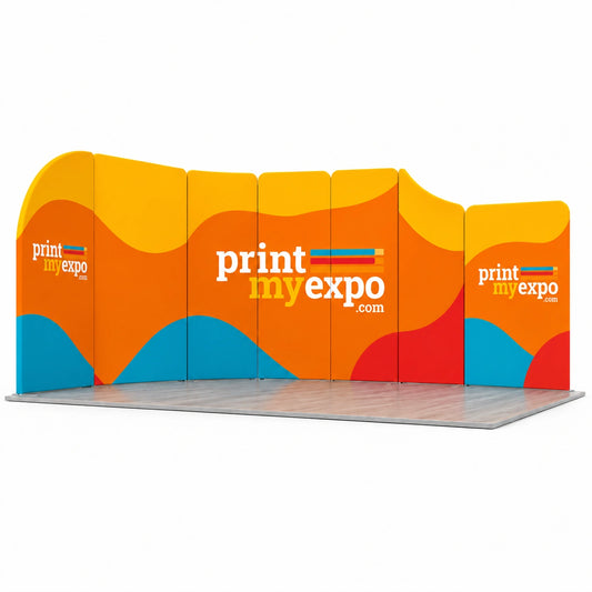 Custom modular trade show backdrop display with PrintMyExpo branded graphics and curved panel design.