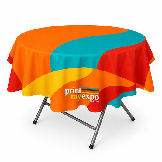 Custom printed round table cover displayed for trade shows and exhibition booths