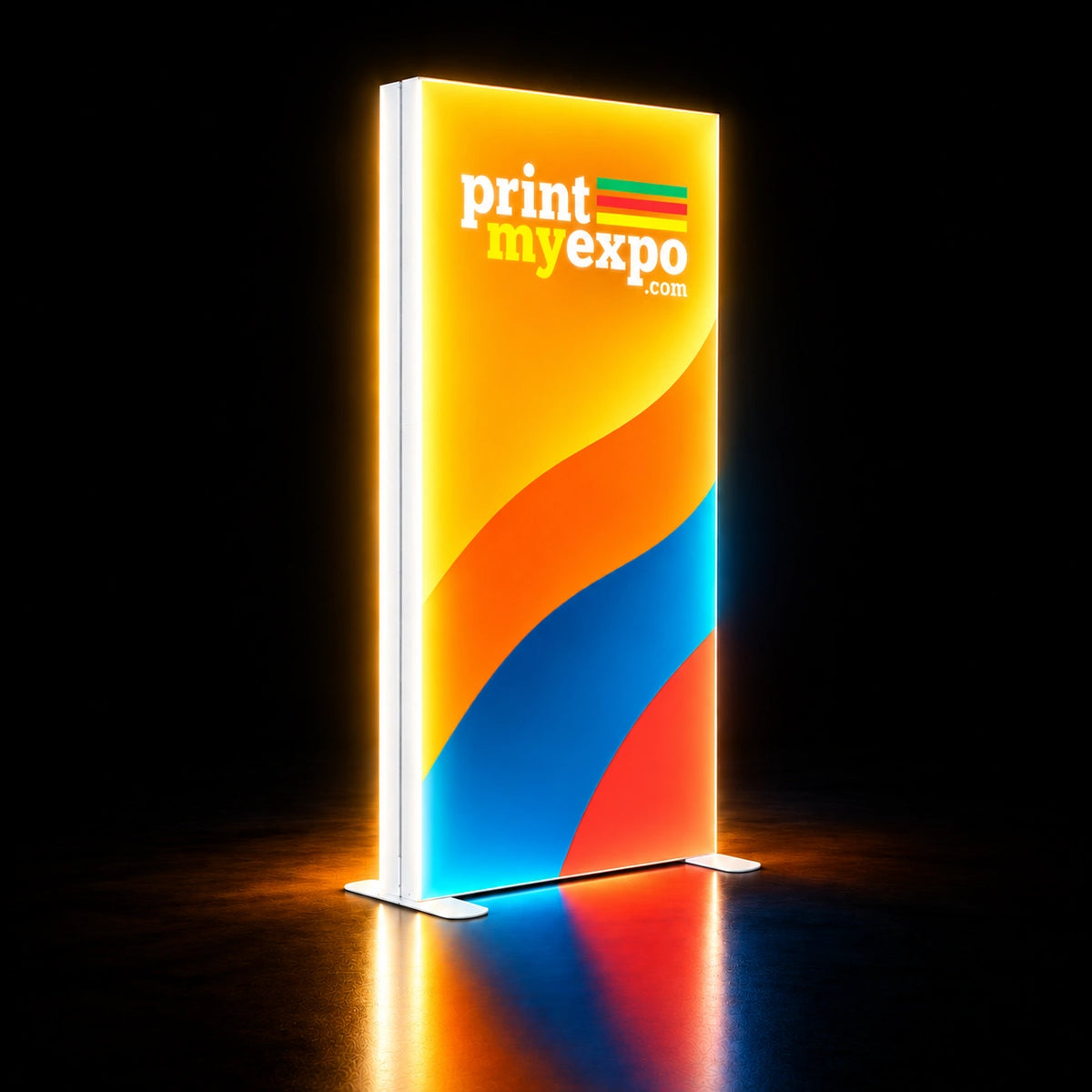 3.3x8.2ft SEG Backlit Light Box Display featuring vibrant PrintMyExpo branding, illuminated graphics, and a sleek freestanding aluminum frame