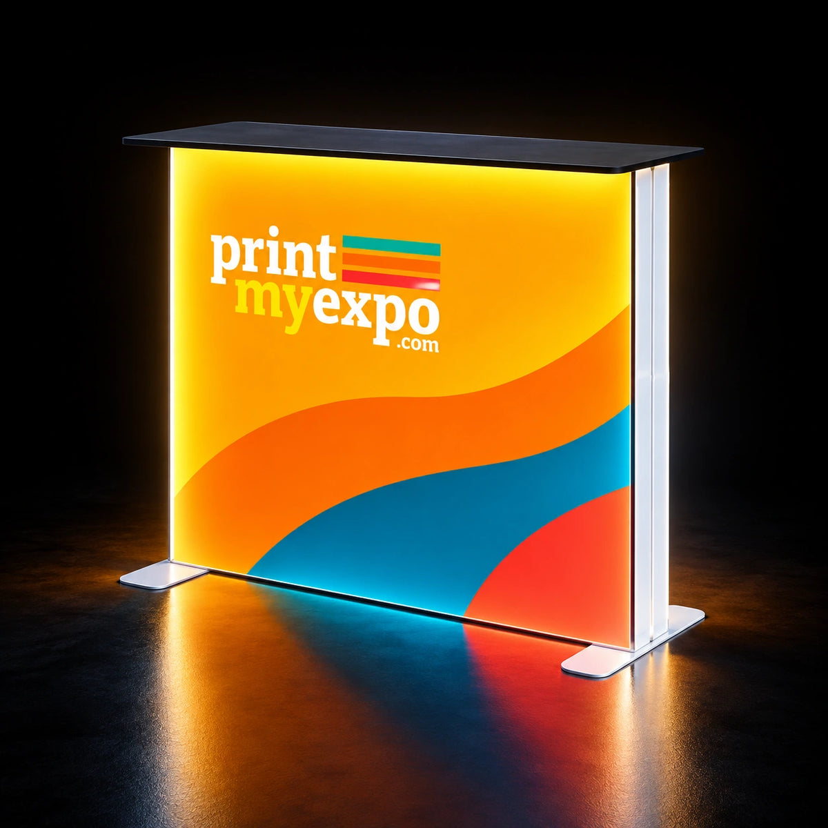 SEG Light Box Display Counter featuring illuminated PrintMyExpo branding, vibrant signature colors, and a sleek countertop design for trade shows and events.