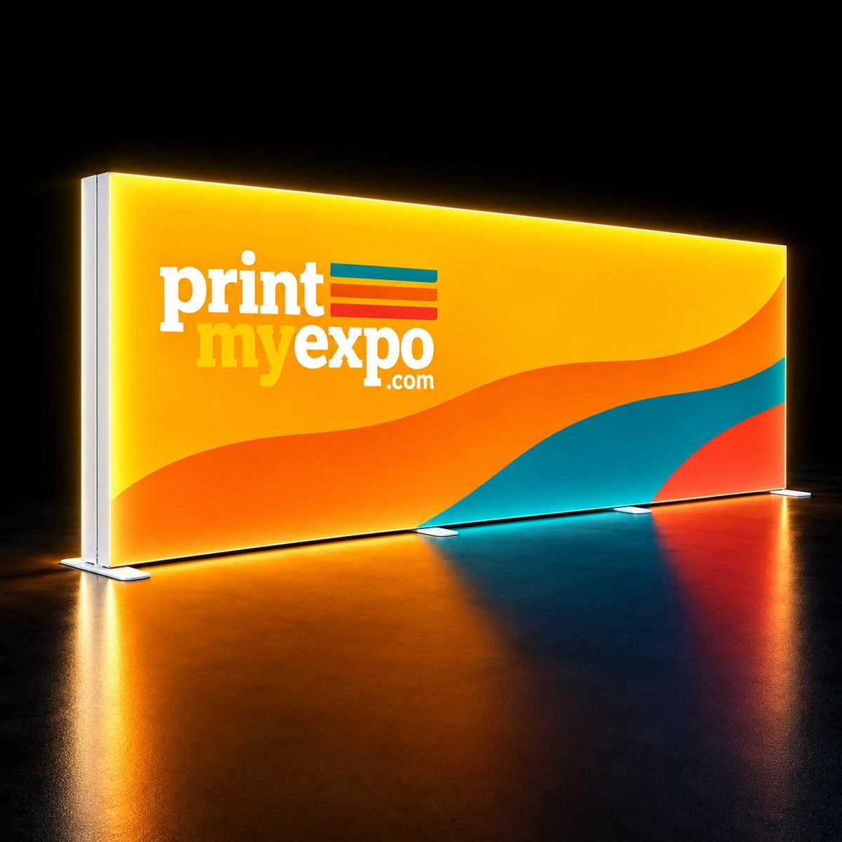 Brilliantly illuminated PrintMyExpo branding spans the 16.4x6.6ft SEG Backlit Light Box Display for a polished exhibition backdrop.