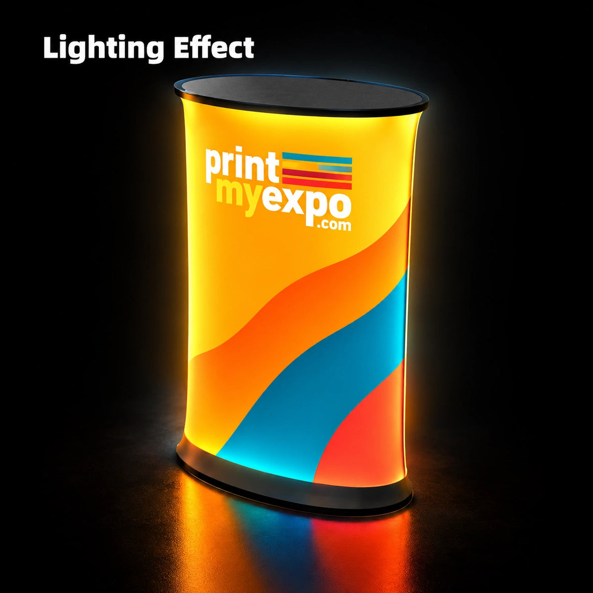 Deluxe Oval Popup Booth featuring vibrant illuminated PrintMyExpo graphics and a sleek curved display design for trade show exhibits.