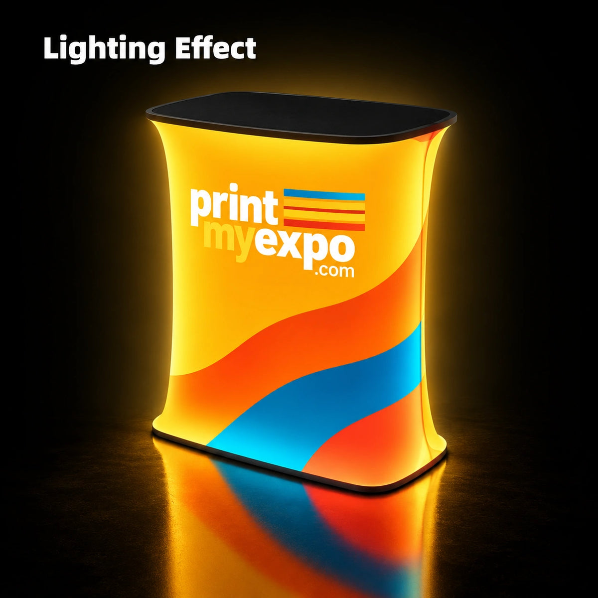 Portable Deluxe Square Popup Booth with illuminated custom graphics for exhibitions, expos, and promotional events.