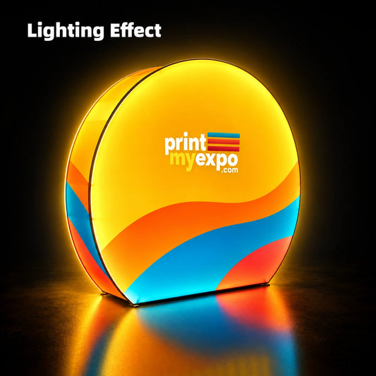 3D Circle Backdrop showcasing bright PrintMyExpo branding with an eye-catching lighting effect.