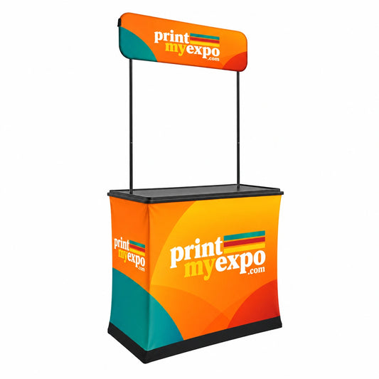 Promotional counter with header featuring custom printed fabric graphics for trade shows