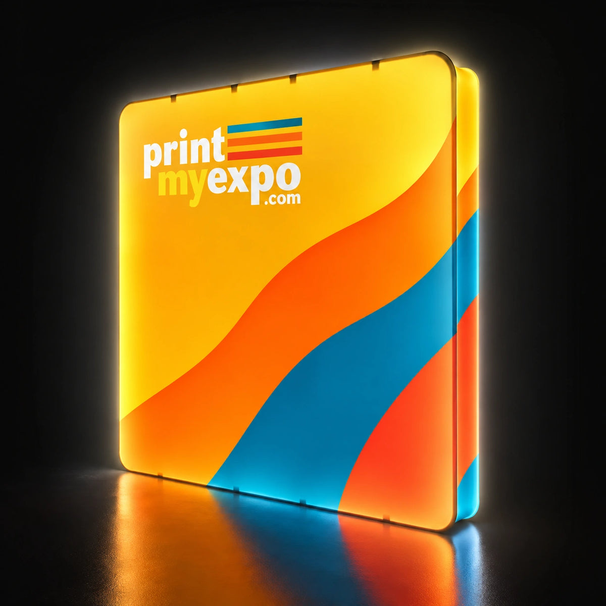 3D Straight Backdrop with Round Corners featuring illuminated PrintMyExpo branding and custom graphics for trade shows and events.