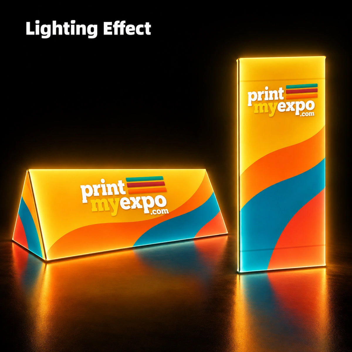 Triangle Banner Stand with illuminated PrintMyExpo branding shown in horizontal and vertical placement for trade shows and events.