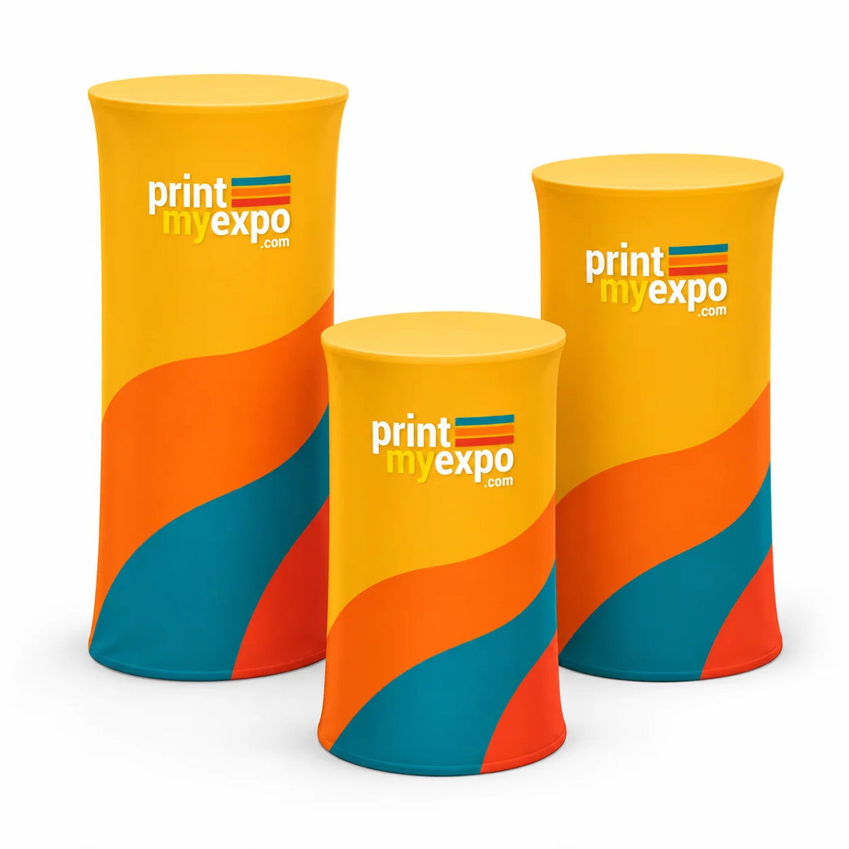 PrintMyExpo Display Counter Kit with custom fabric graphics and three graduated pedestals for events and retail displays