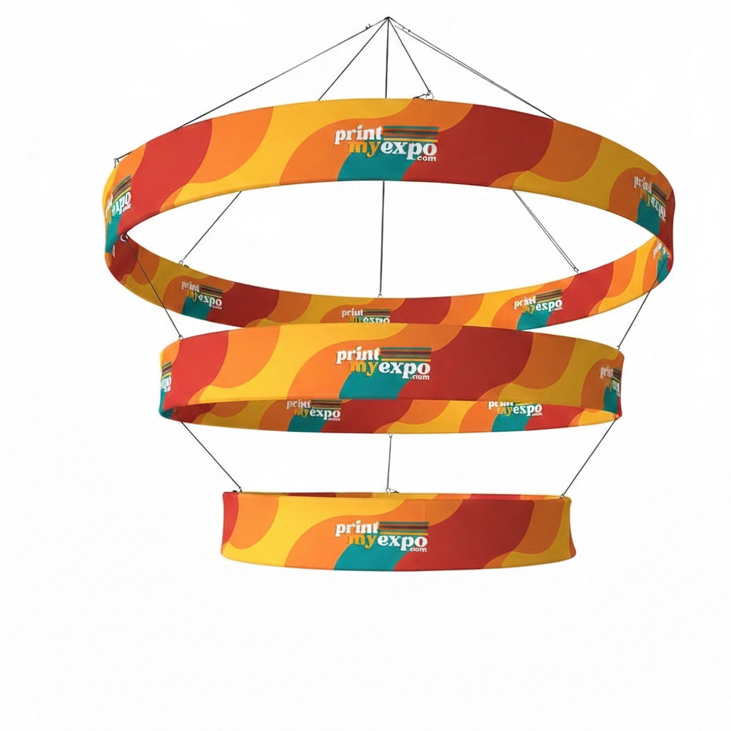 Custom tiered circle hanging sign for trade show overhead display