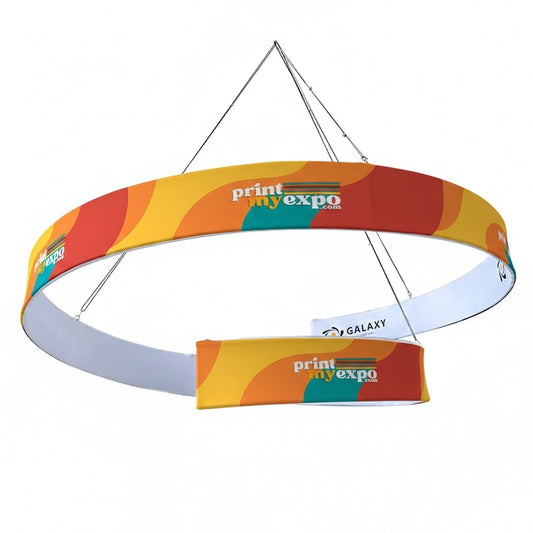 Spiral hanging sign for trade show overhead branding