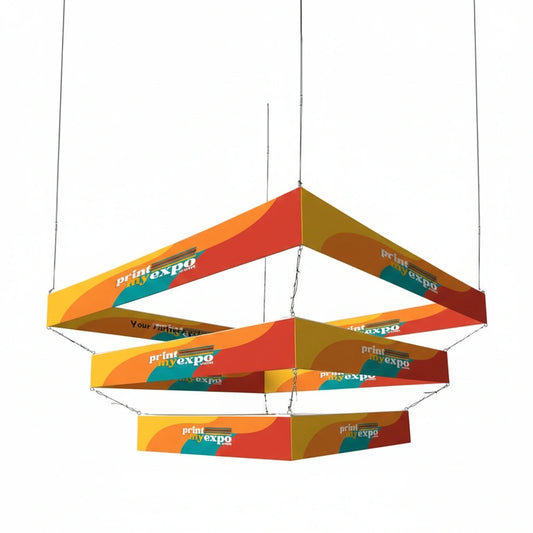 Custom tiered square hanging sign for trade show overhead display