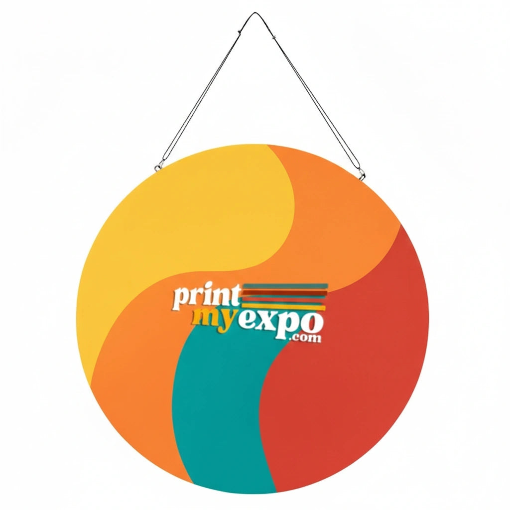 Custom vertical disc hanging sign for trade show display
