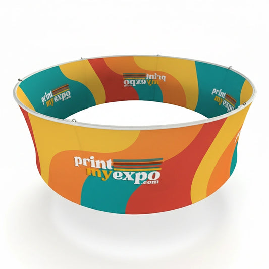 Overhead circular hanging banner for exhibition branding visibility