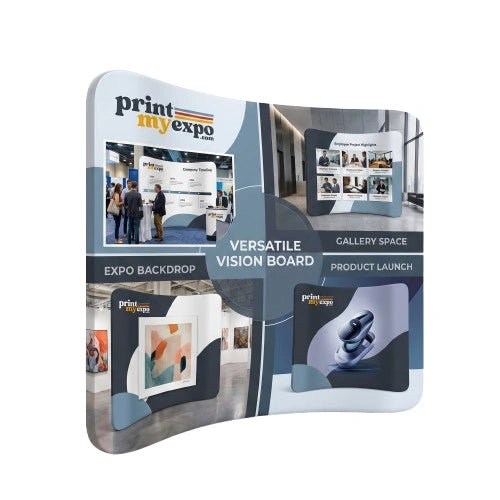 Curved Vision Board Display Stand with vibrant custom fabric graphic sleek immersive manifestation wall stand for home and studio use