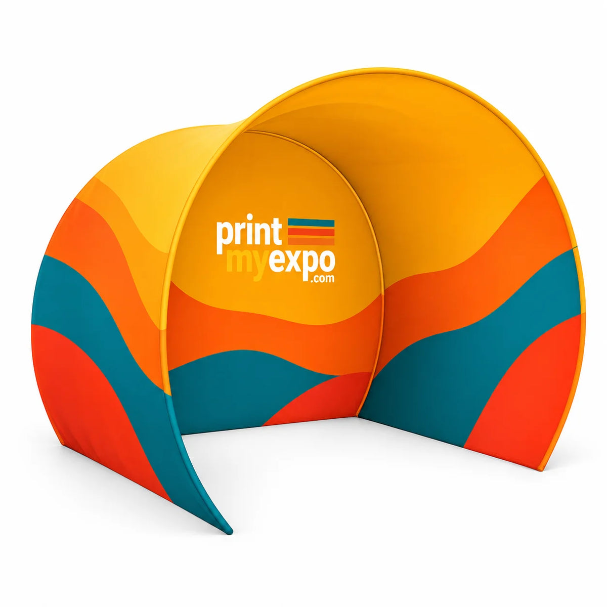 PrintMyExpo Half Circle Fabric Photo Booth Enclosure with custom graphics for branded events and photo experiences
