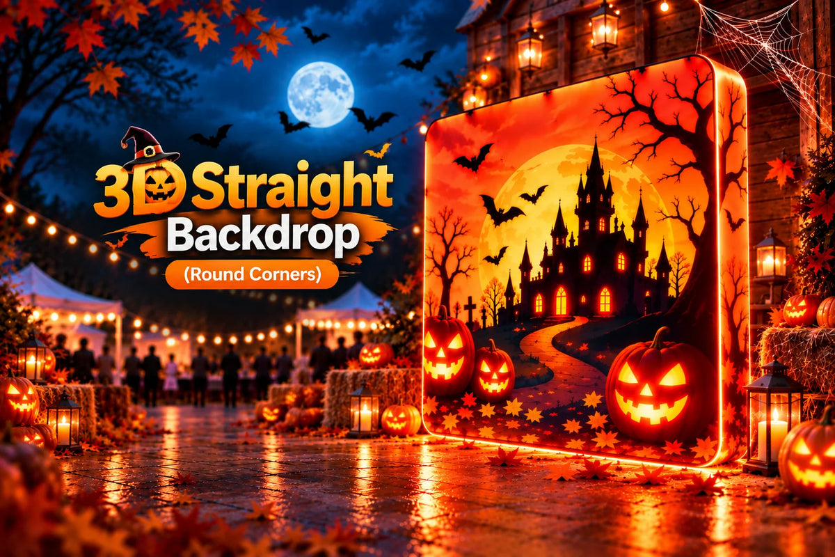 3D Straight Backdrop with round corners featuring custom Halloween graphics at a festive outdoor event.