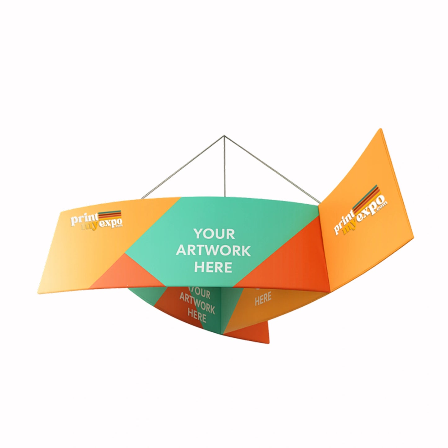 Three-sided pinwheel shaped hanging sign for trade show booths