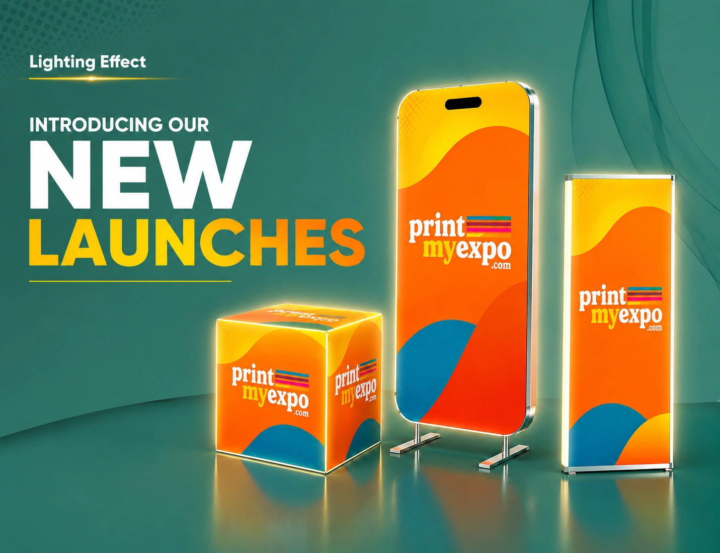 Introducing PrintMyExpo's new lighting effect display collection featuring illuminated display cube, LED display stand, and backlit exhibition lightbox.