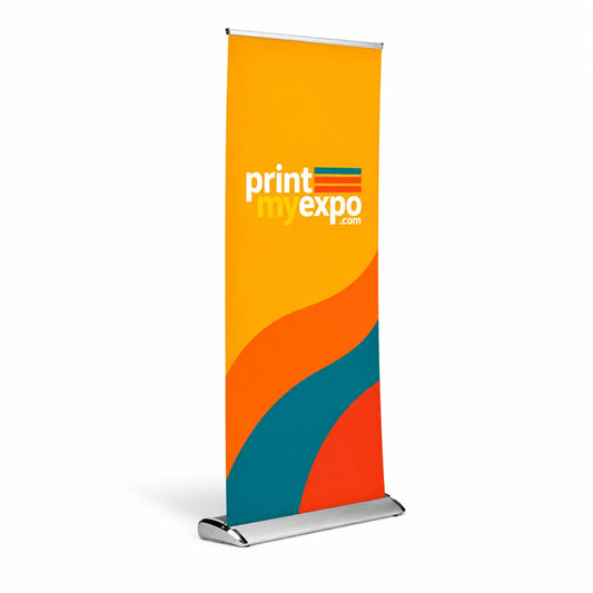 PrintMyExpo Rollup Banner with custom graphics and retractable stand for trade shows, retail, and business events.